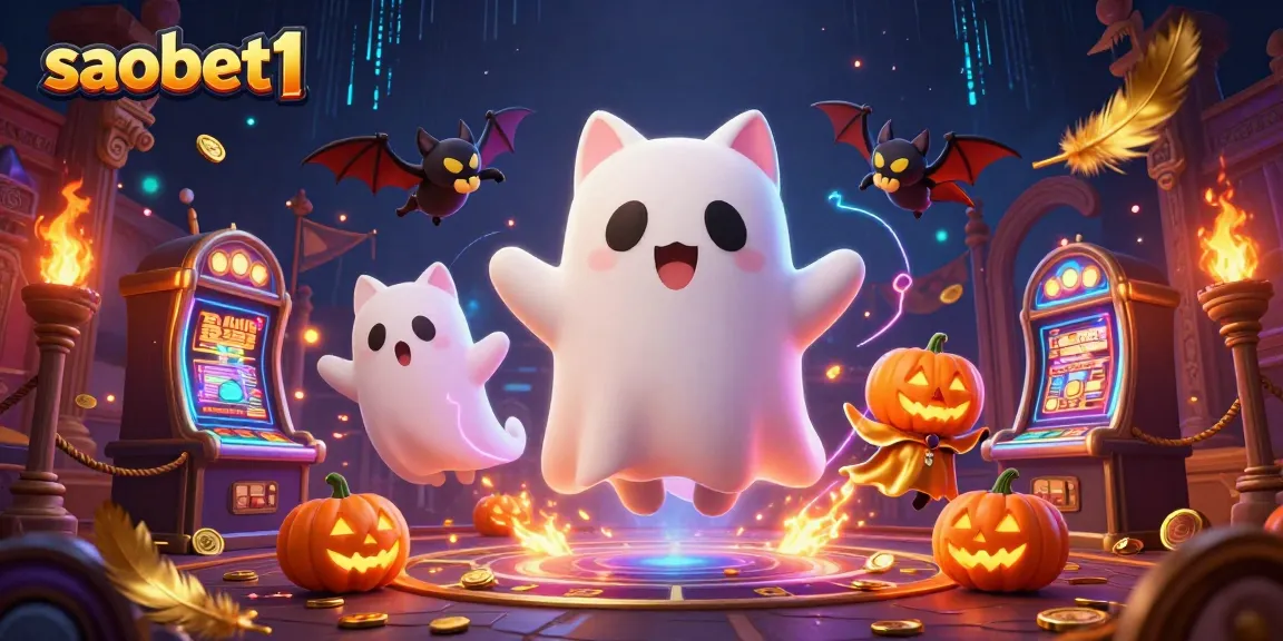 Engage with thrilling slots and jackpots at saobet1 featuring a ghost cat and vibrant casino elements.