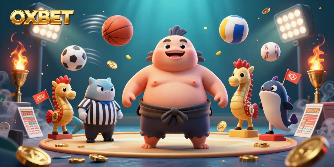Engage in thrilling sports betting action with OXBET's vibrant underwater scene showcasing a puffed fugu, vibrant sports elements, and engaging characters.
