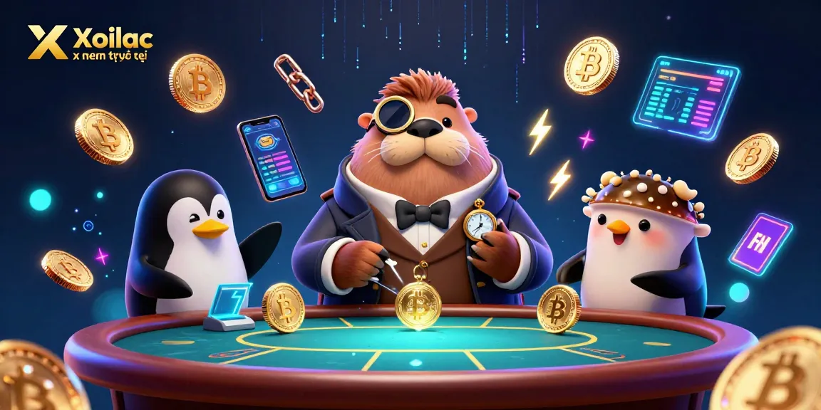 Xoilac xem trực tiếp showcases a jolly walrus playing underwater poker with a penguin dealer and a bluffing pufferfish in a vibrant scene.