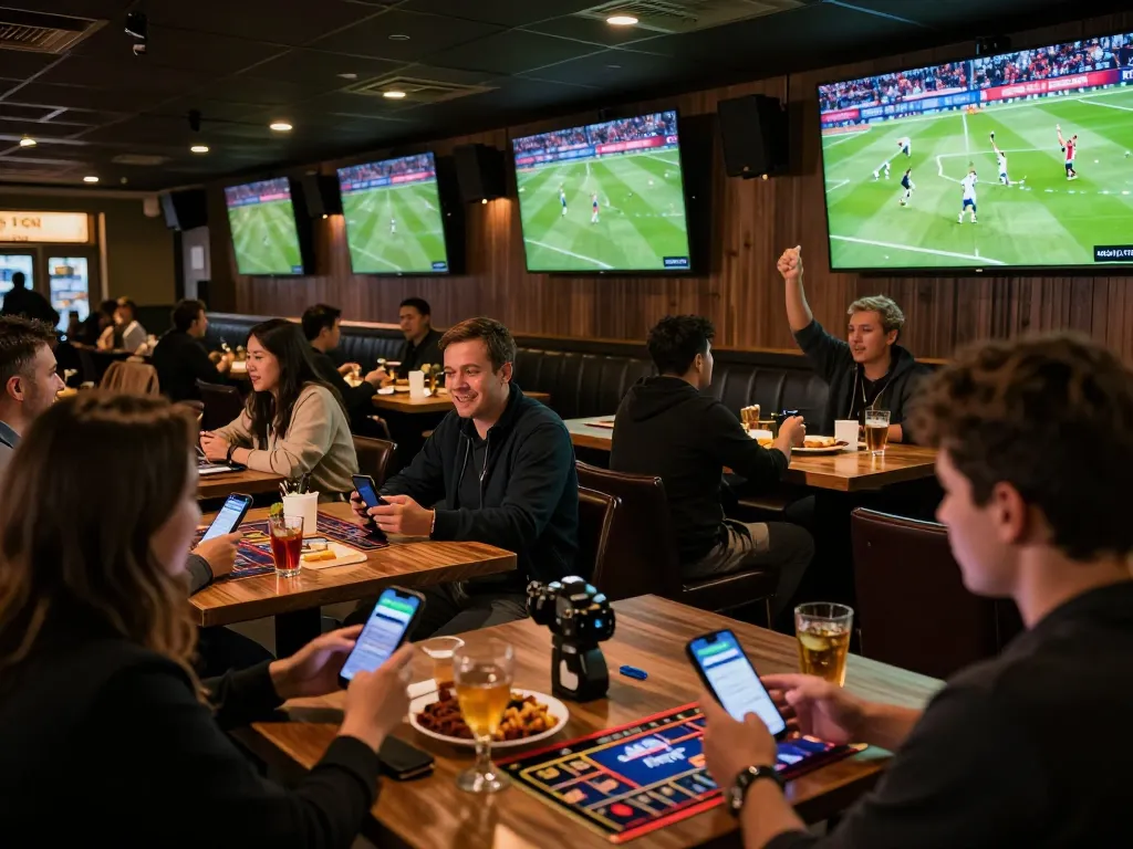 SOCOLIVE users engaged in live betting while enjoying a vibrant sports bar atmosphere.
