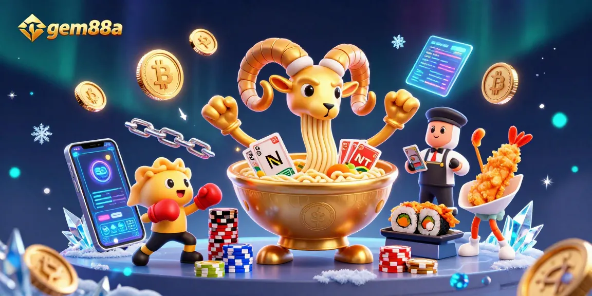 Experience the vibrant thrill of gem88a with a 3D casino scene featuring playful characters and dynamic crypto elements