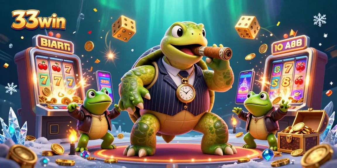 Experience the thrill at 33win with a vibrant casino scene featuring a turtle mobster and jackpot excitement.