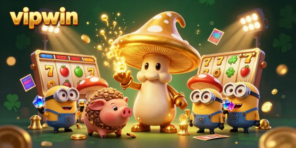 Win big with vipwin in a vibrant 3D casino scene featuring a golden mushroom wizard and treasures.