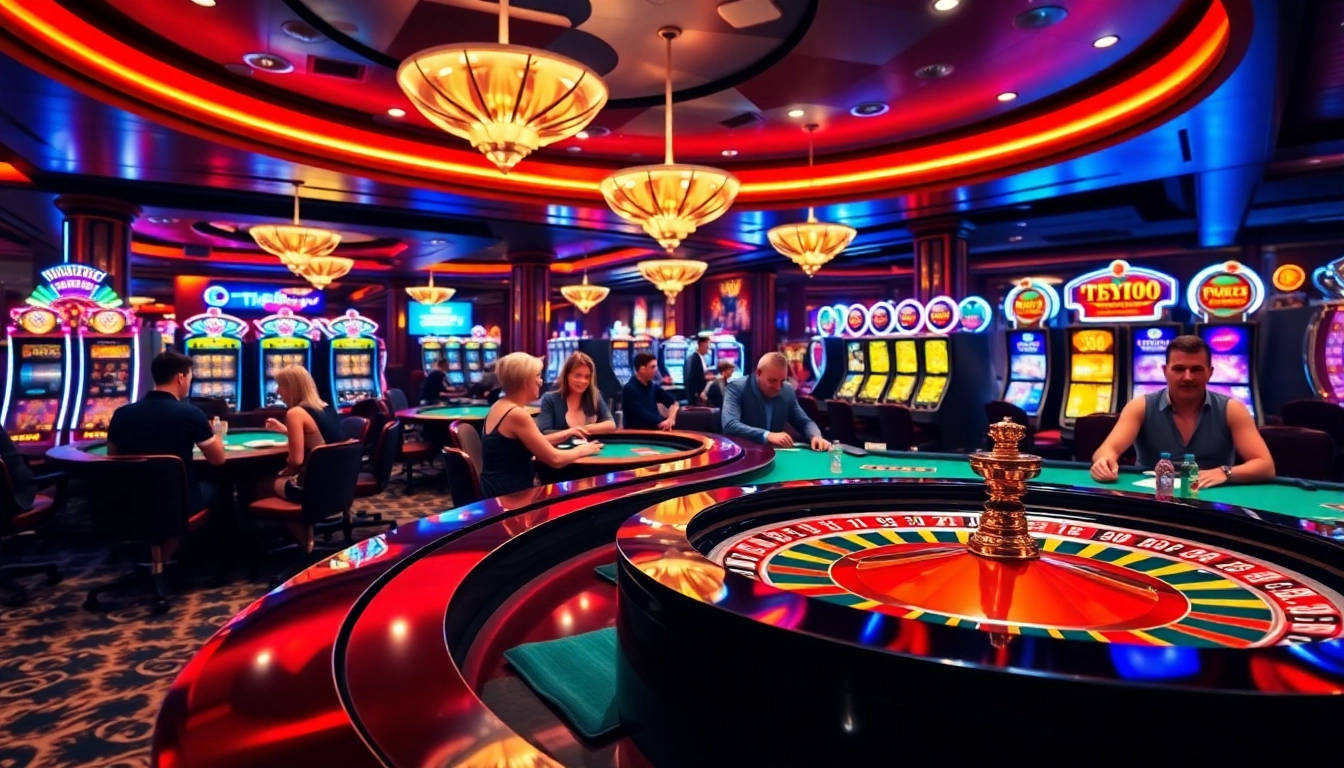 Players enjoying a vibrant casino scene at shbet800 with tables, cards, and slot machines.