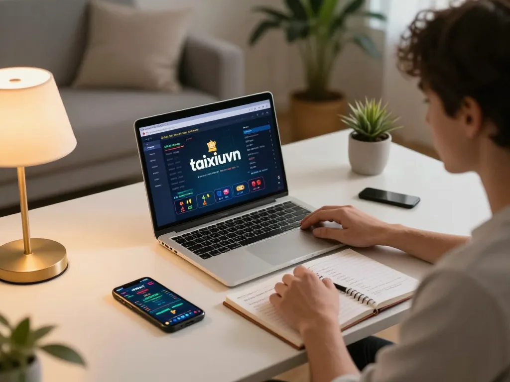 Engaged player using taixiuvn for online betting strategy in a cozy home setting.