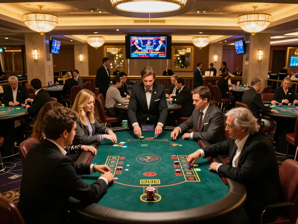 Engaged players at a blackjack table showcase high-stakes strategy at shbet com's upscale casino.
