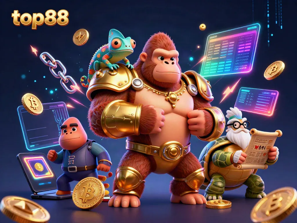 Engage with top88's thrilling crypto casino experience featuring vibrant characters and elements.