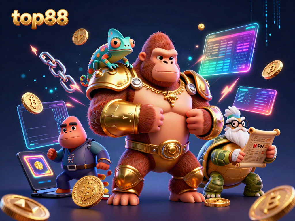 Engage with top88's thrilling crypto casino experience featuring vibrant characters and elements.