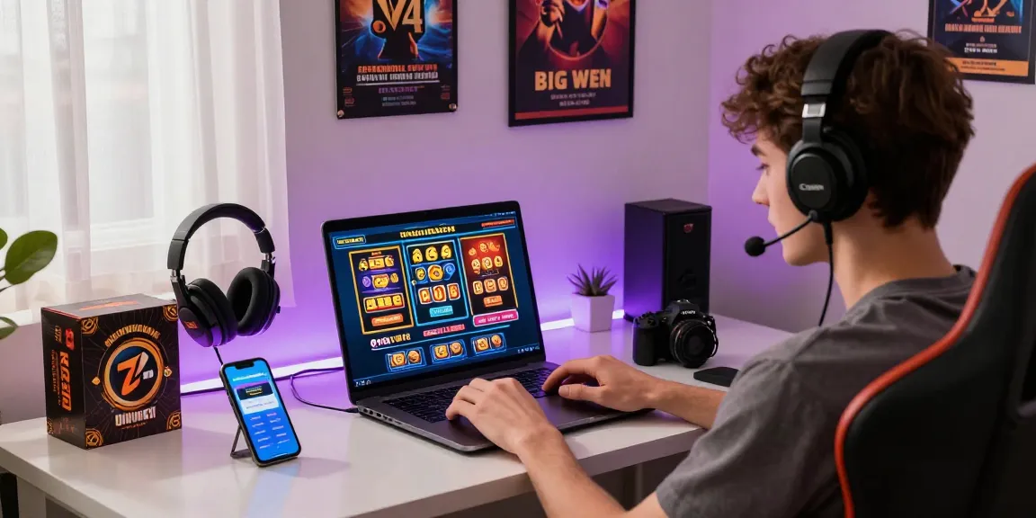 A young adult enjoying a credit card casino experience on a laptop, showcasing diverse casino games and a cozy gaming setup.