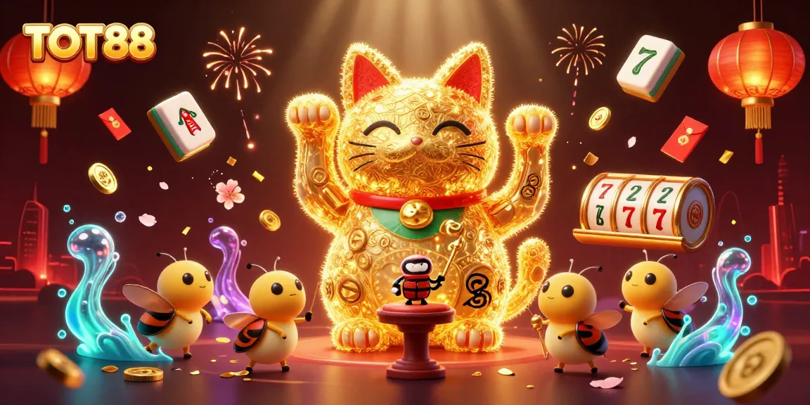 Engage with the vibrant TOT88 casino scene, featuring a playful lucky cat and dynamic game symbols.