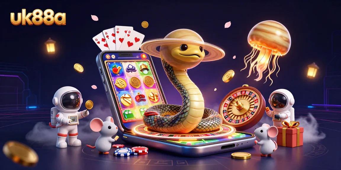 uk88a features a vibrant 3D cosmic casino scene with a roulette-winning Saturn and betting mice