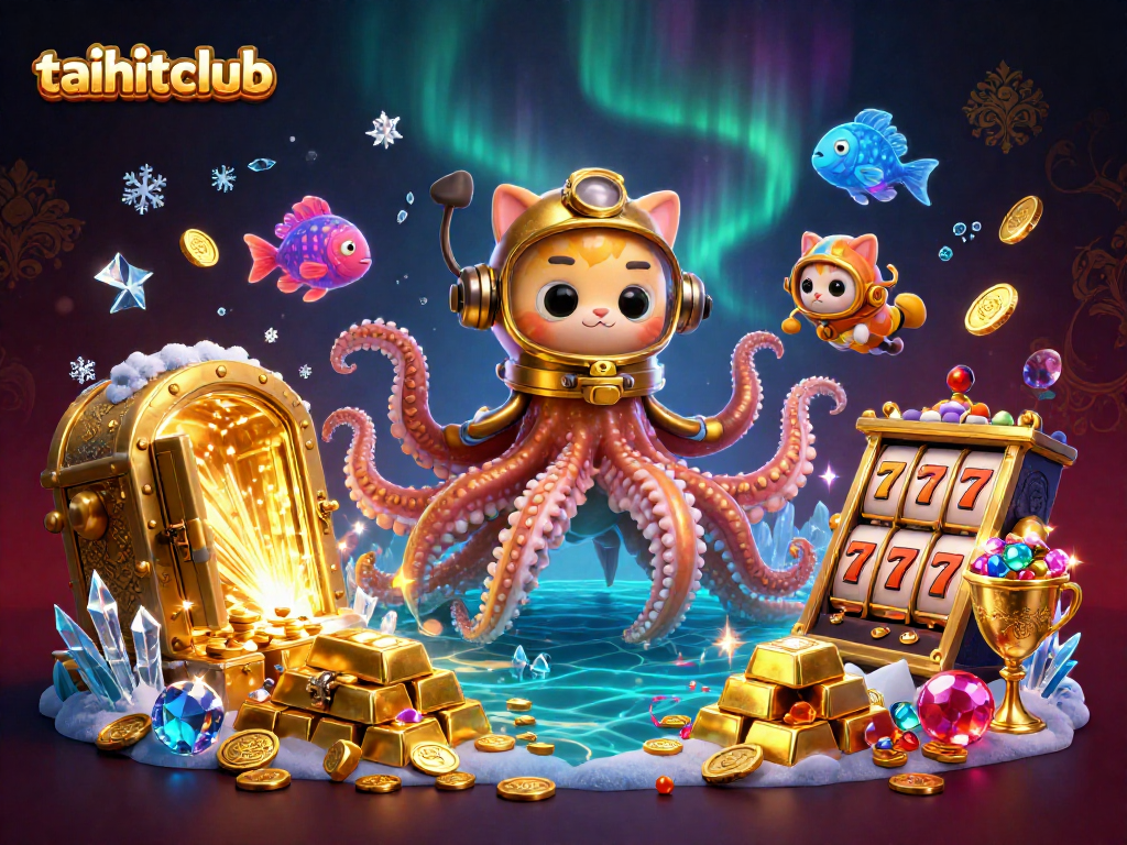 Experience excitement with taihitclub in an ultra-detailed 3D kraken casino scene filled with treasures and slot reels.