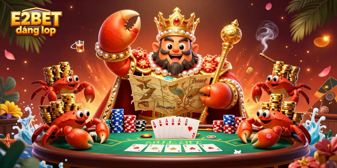 E2BET đăng nhập invites you to enjoy an exciting poker scene with a vibrant golden crab emperor.