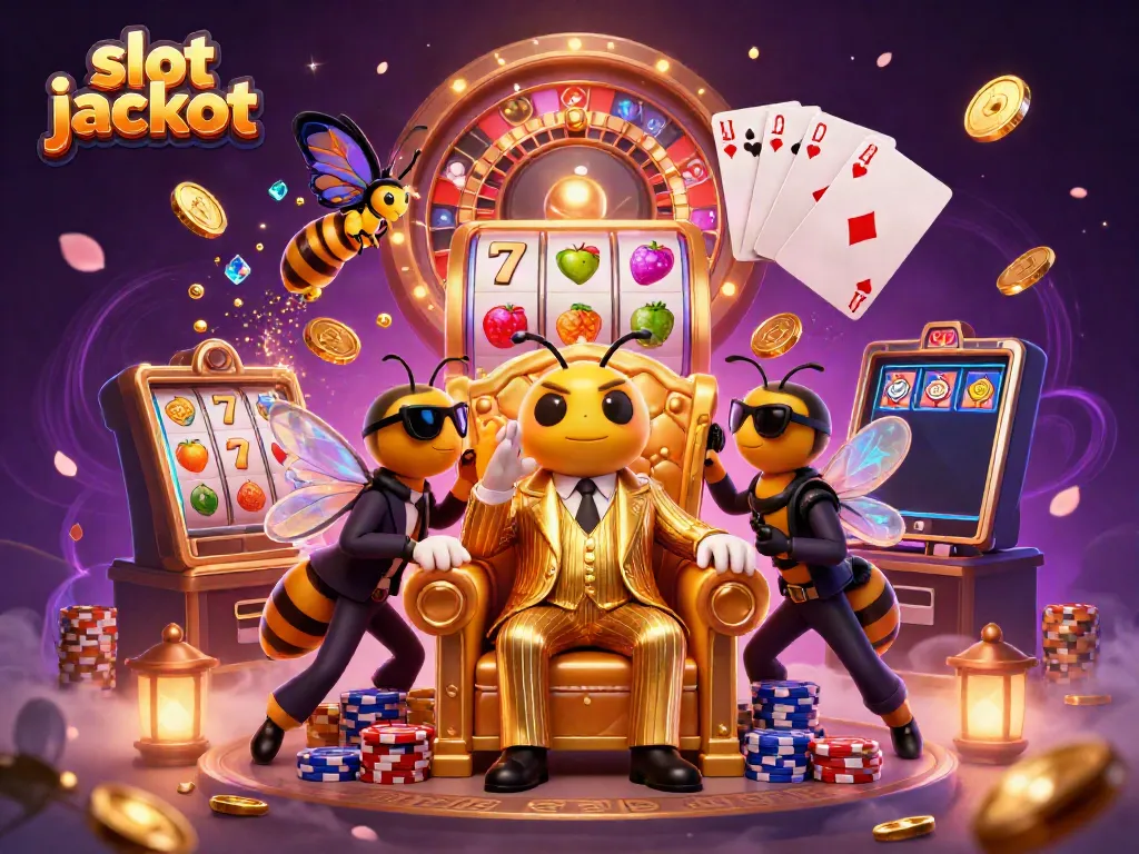 Experience the excitement of slot jackpots with this vibrant illustration featuring a bumblebee mob boss and thrilling casino elements.