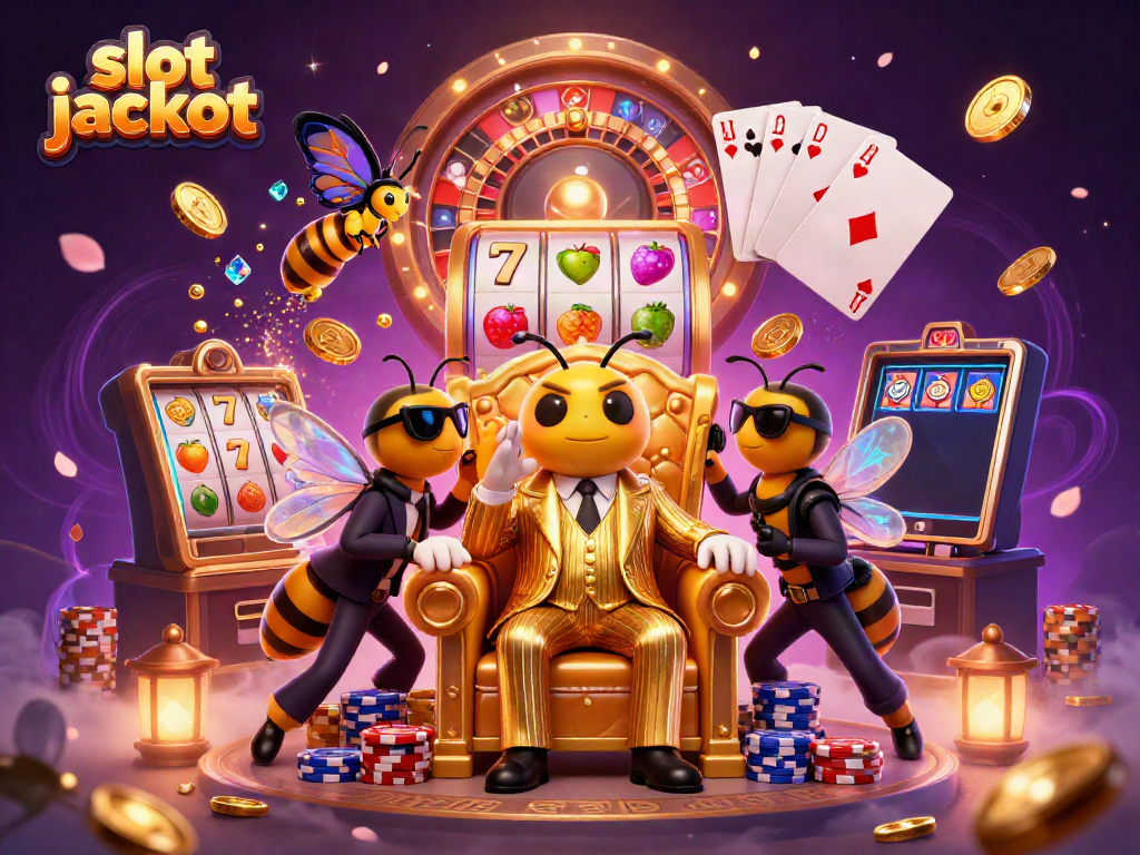 Experience the excitement of slot jackpots with this vibrant illustration featuring a bumblebee mob boss and thrilling casino elements.