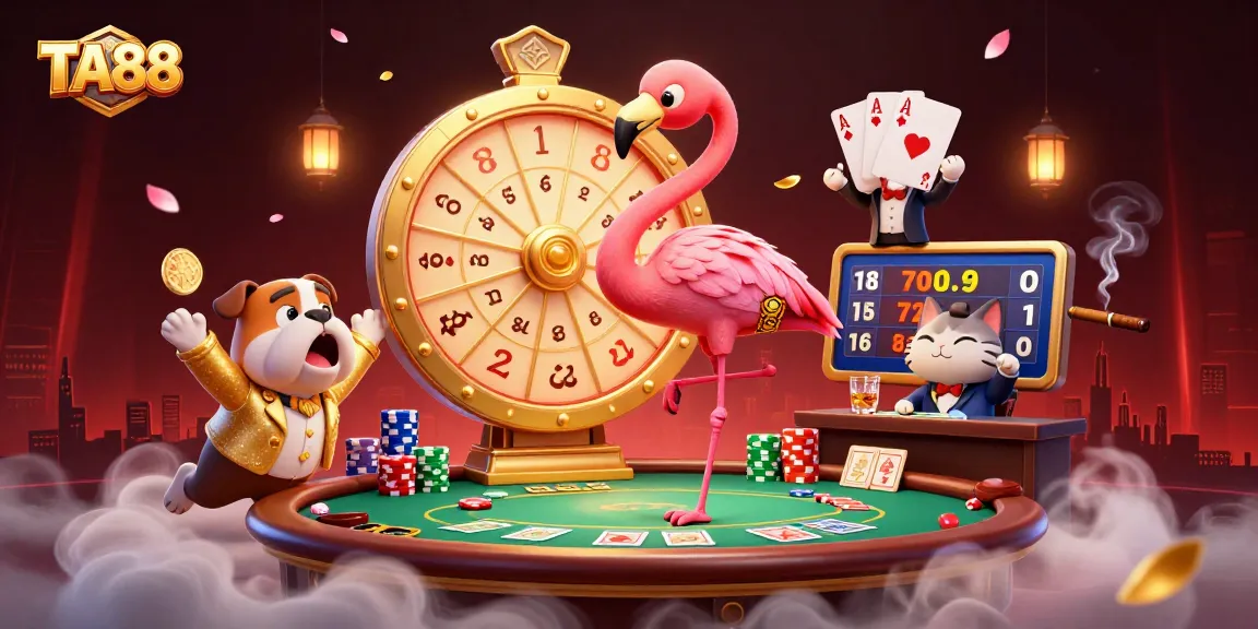 TA88 showcases an exciting casino scene with a flamingo, bulldog, and cat, highlighting thrilling gameplay.