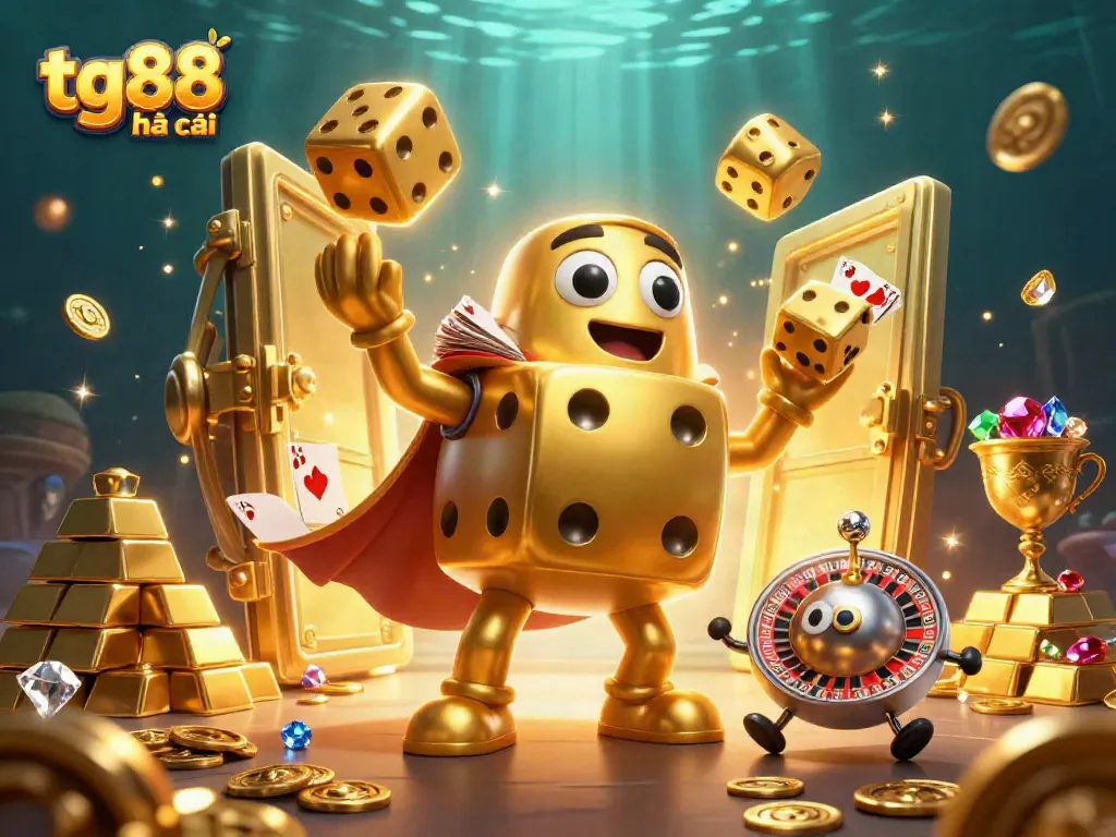 Experience the excitement of tg88 nhà cái with golden dice and treasure in a vibrant 3D casino scene.