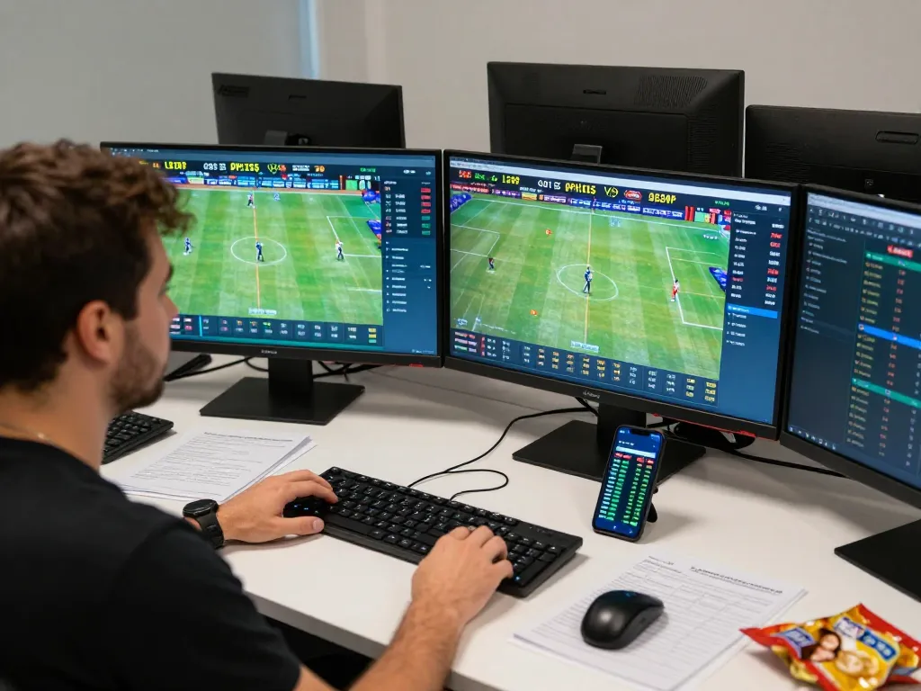 shbet user analyzing live sports betting odds and statistics in a modern gaming setup