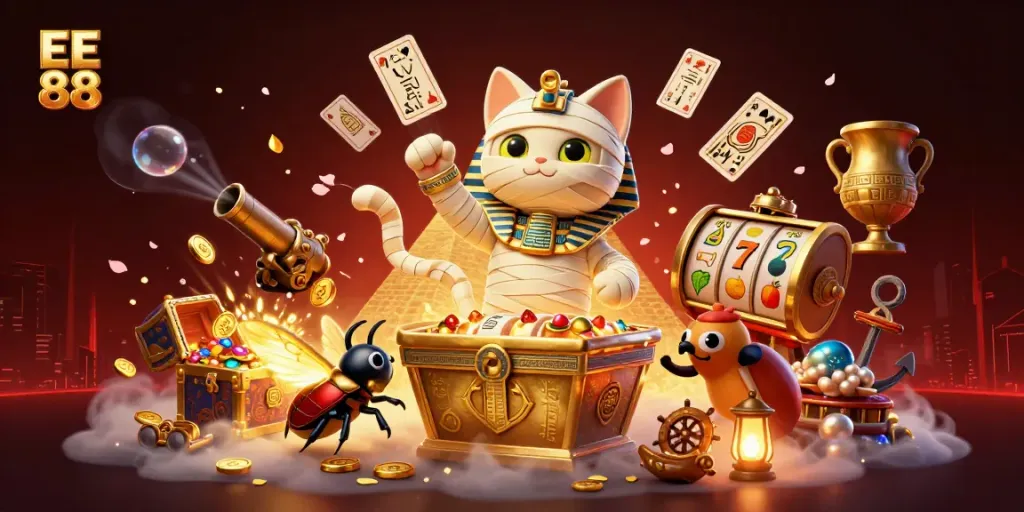Engaging scene featuring the EE 88 brand with a 3D mummy cat and a golden sarcophagus amidst casino elements.