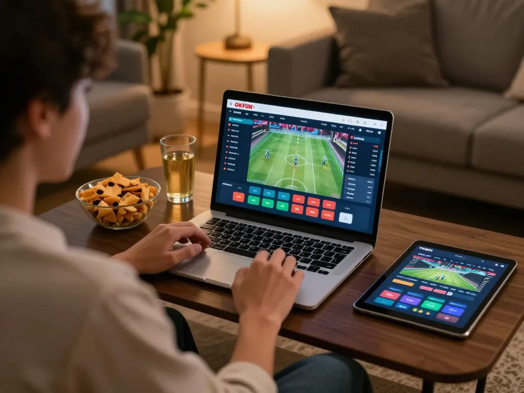 Engaged user making live sports bets on OKFUN from their comfortable home.