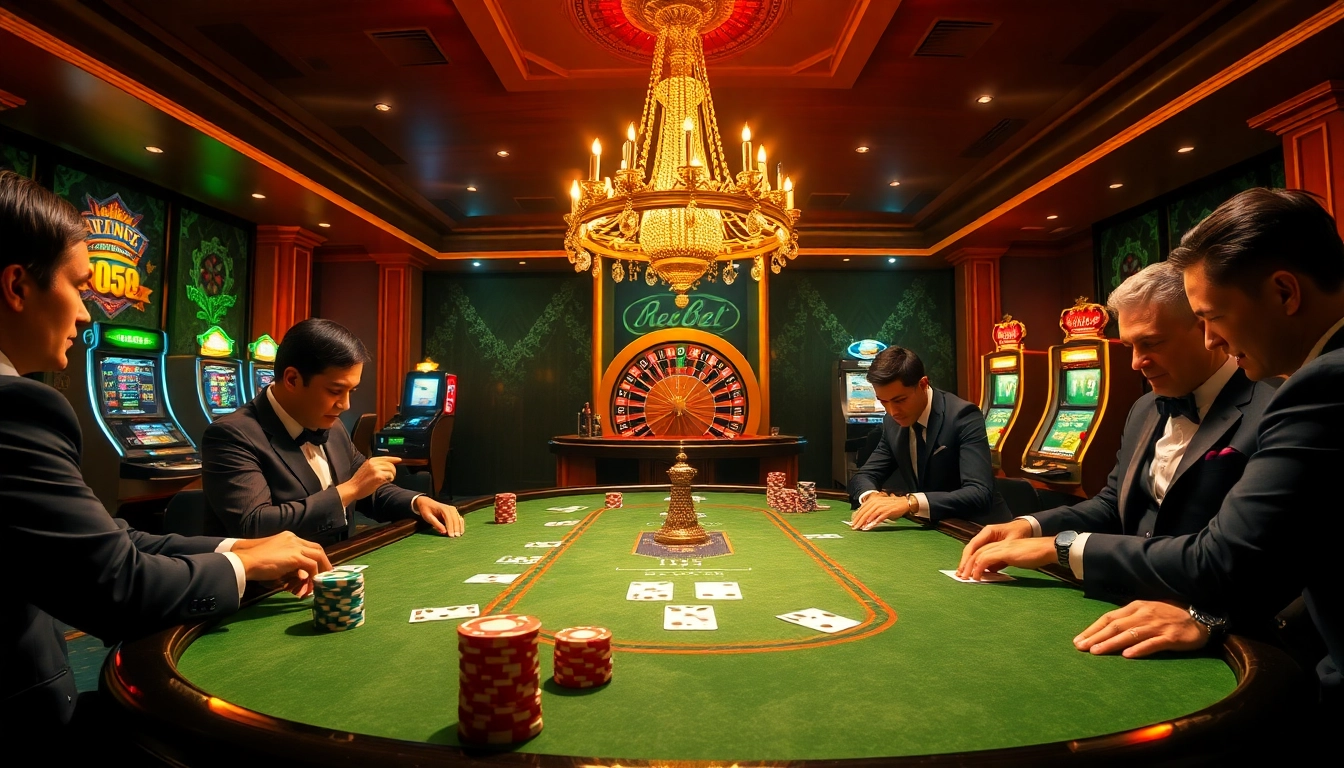 Exciting casino scene with players at debet.spot poker table, showcasing colorful chips and roulette.