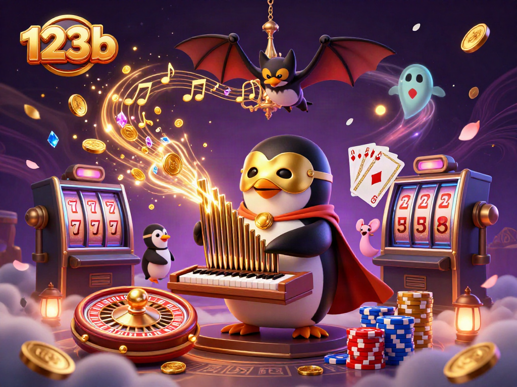 Experience the excitement of 123b as a penguin plays a golden coin organ amidst vibrant casino elements.