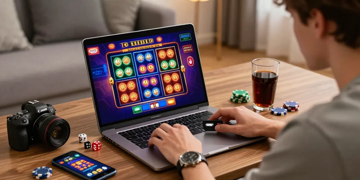 Mastercard credit card casinos scene with a player using a laptop to deposit funds while enjoying various online games in a cozy gaming setup.