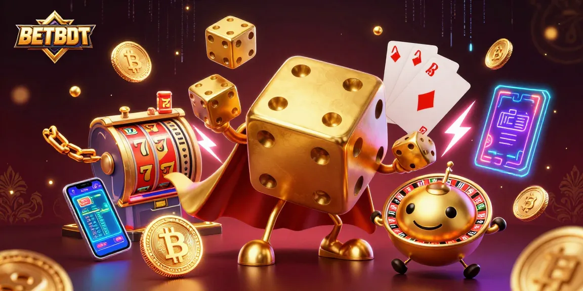 BETBDT casino illustration showcasing a golden dice golem and dynamic slot game elements.