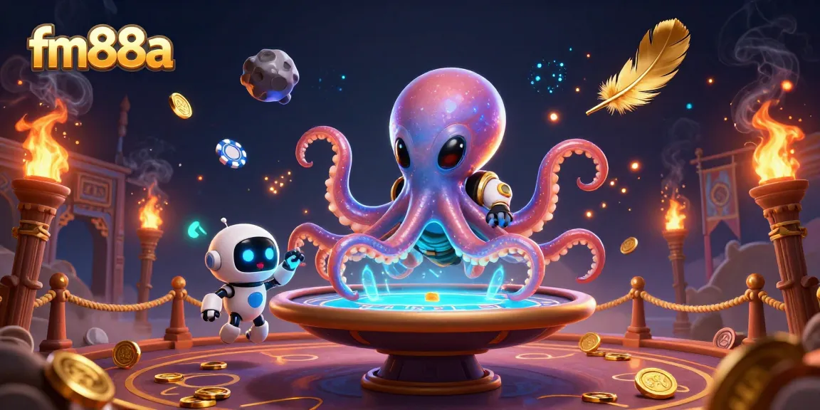 Experience the excitement of fm88a with a vibrant alien octopus playing poker amidst cosmic casino elements.