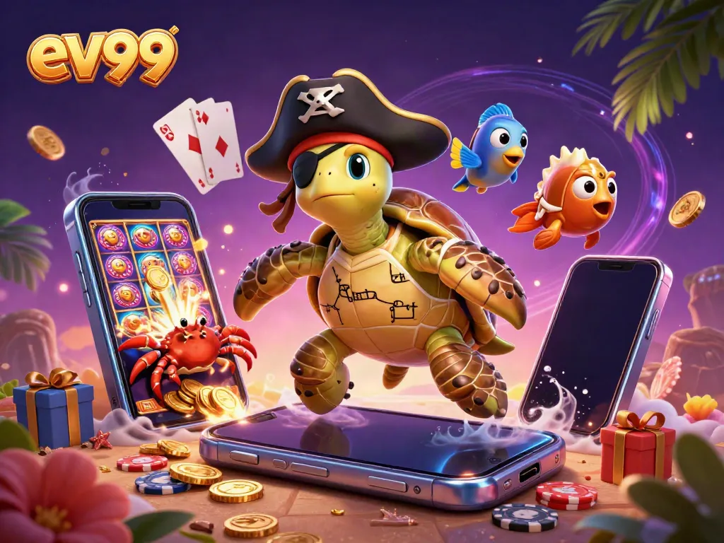 Exciting ev99 gaming scene featuring a cartoon pirate turtle and treasures, ideal for gamblers.