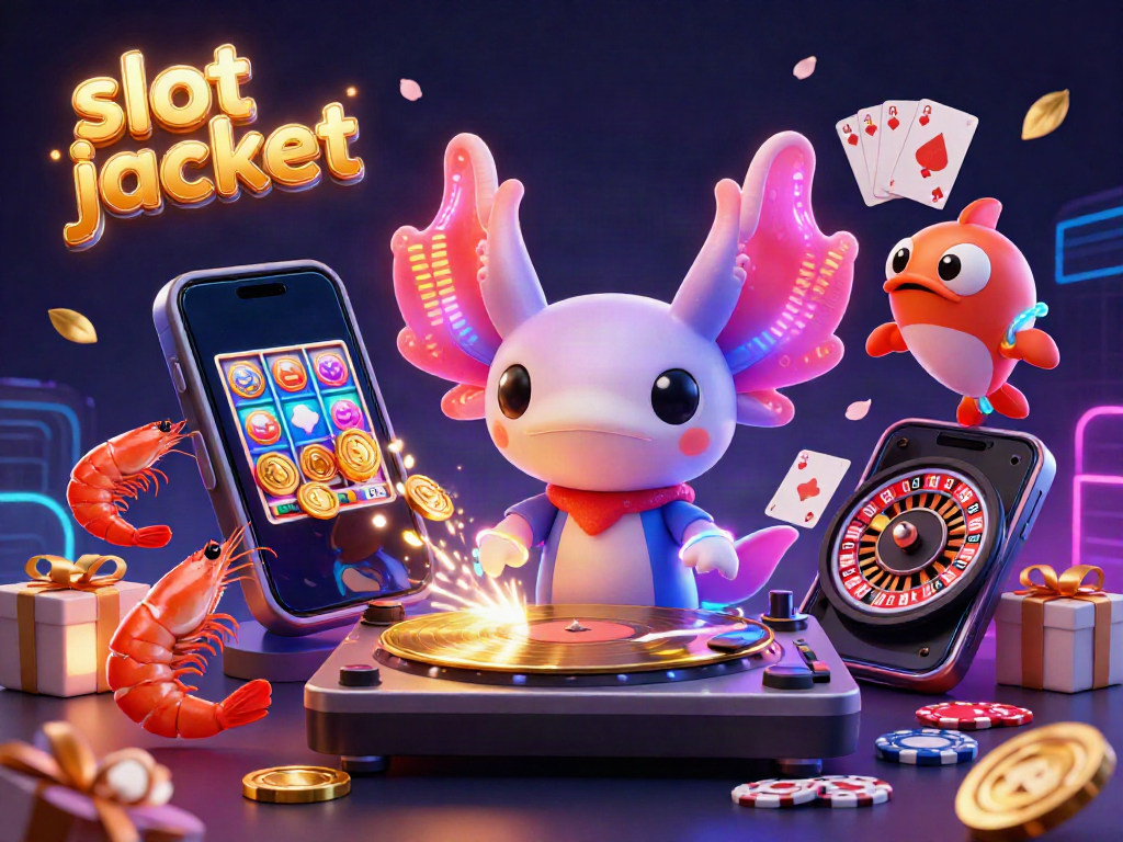 Experience the excitement of hitting a slot jackpot with our vibrant scene, featuring a neon axolotl DJ.