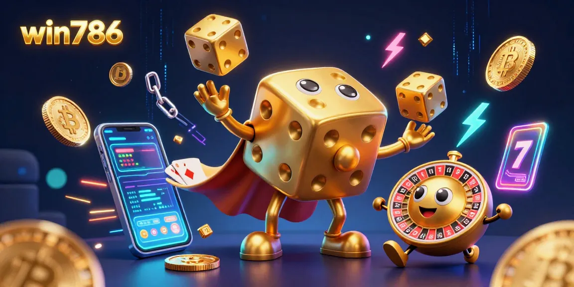 Win786 showcases an engaging illustration of a golden dice golem amidst vibrant casino elements for online betting.