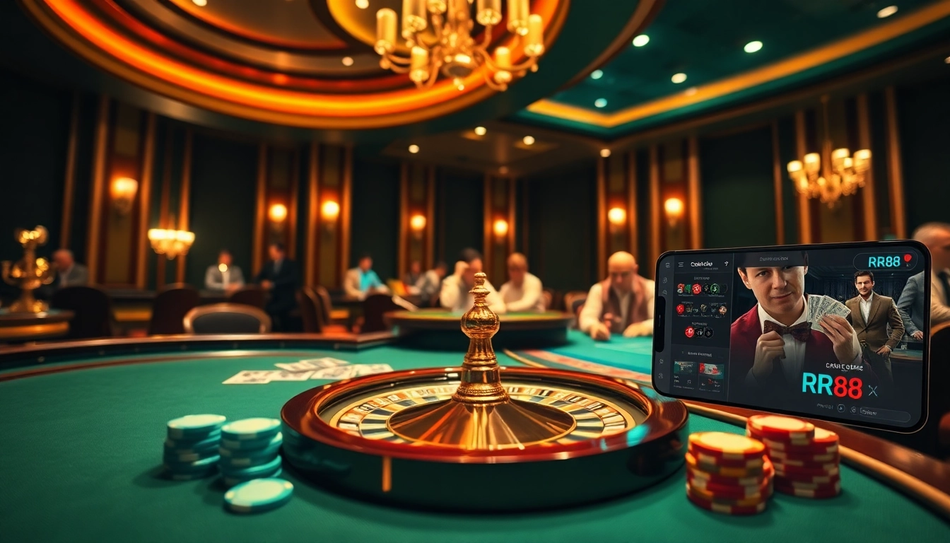 Engage in high-stakes gambling at RR88 with vibrant poker tables and roulette wheels.