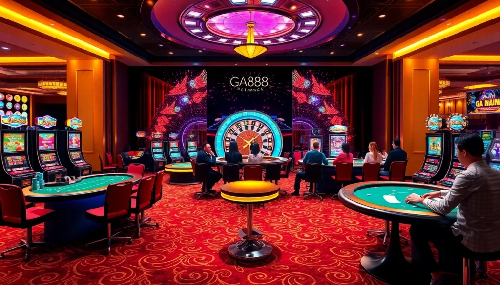 Experience the excitement of GA888 with engaging casino gameplay featuring poker tables and slot machines.