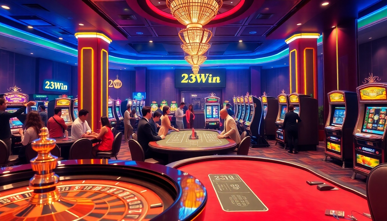 Experience the excitement of gambling at nhà cái 23Win with a vibrant casino setup featuring diverse games.