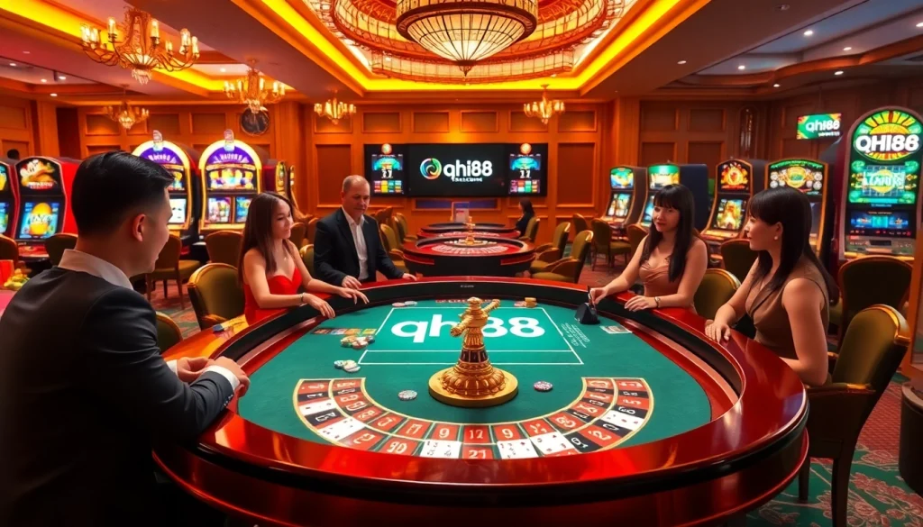 Players enjoying a thrilling game of roulette at qh88 casino with vibrant lights and luxury decor.