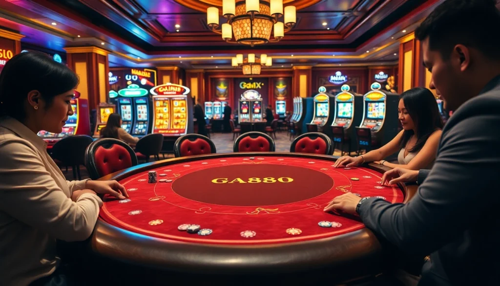 Play poker at GA888 with vibrant colors and luxurious ambiance in a casino setting.