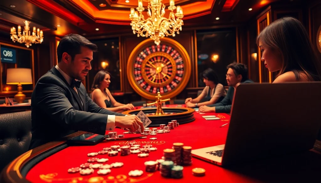 Experience thrilling gaming at qh88 with a vibrant casino scene featuring a dealer and players.