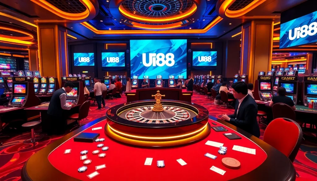 Thrilling gaming experience at UU88 Casino with players winning at roulette and slot machines.