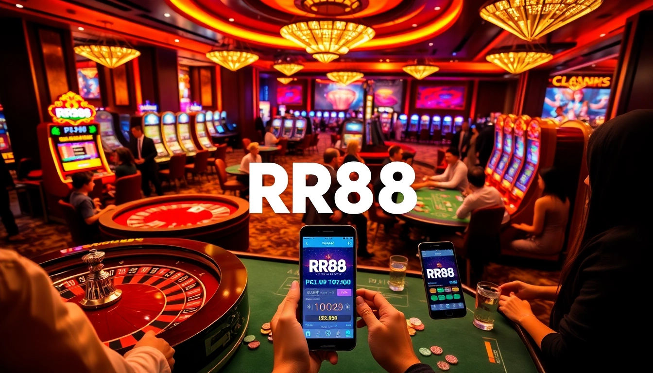 Experience the thrill of casino gaming at RR88 with engaging players, roulette wheels, and vibrant slots.