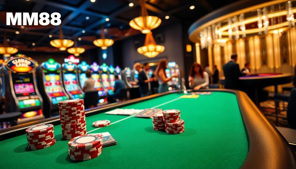 Engaging scene at trang chủ mm88 casino with vibrant slot machines, poker table, and roulette.