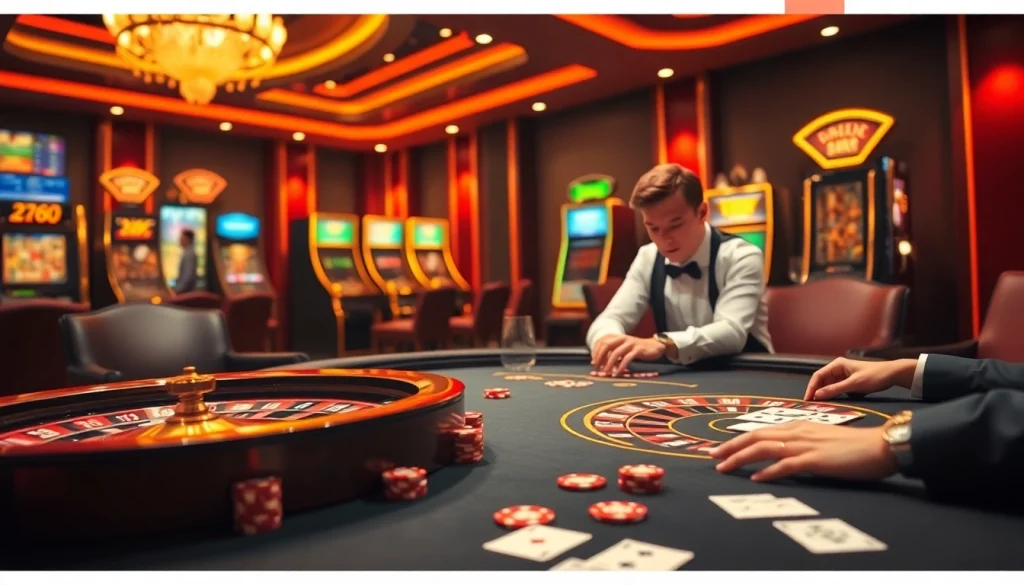nk88 casino table scene featuring an engaging poker game, roulette wheel, and vibrant atmosphere