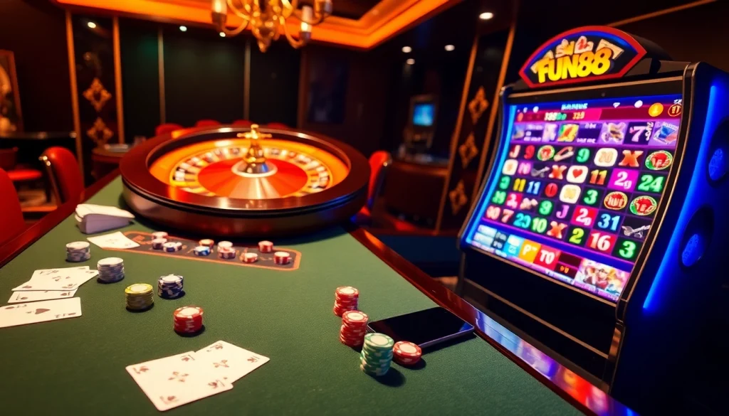 Players enjoy a thrilling online gaming experience with FUN88 nhà cái, featuring vibrant casino visuals and game elements.