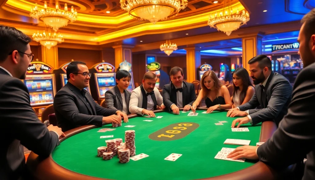 Excited gamblers playing poker at an elegant casino table showcasing 789f.