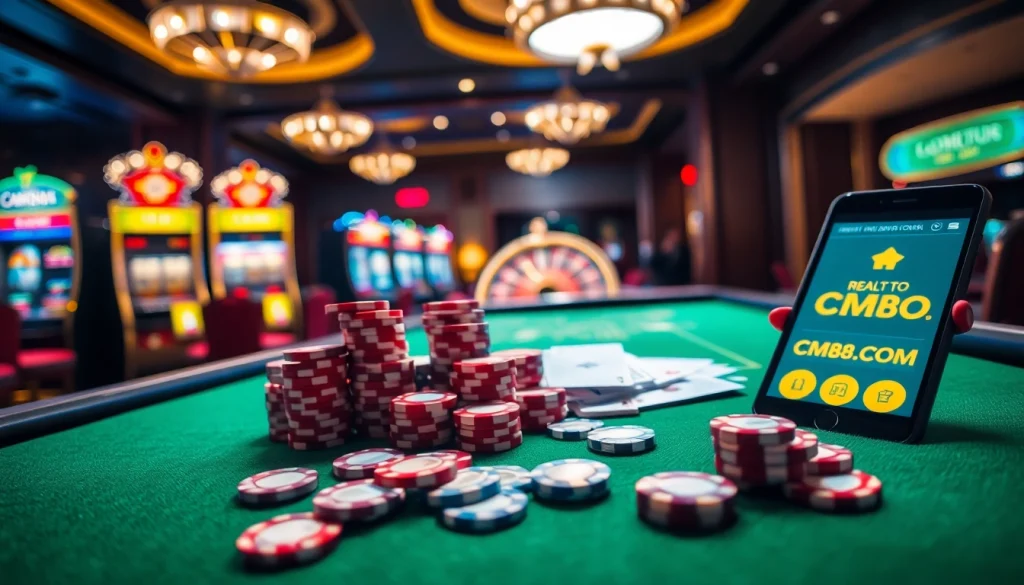 Experience the excitement of cm88. com with vibrant poker chips on a luxurious casino table.