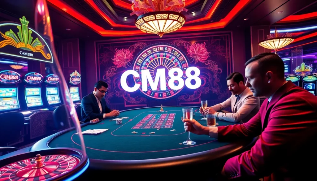 Players engage in a high-stakes game at a luxurious casino, featuring cards and chips with CM88 displayed.