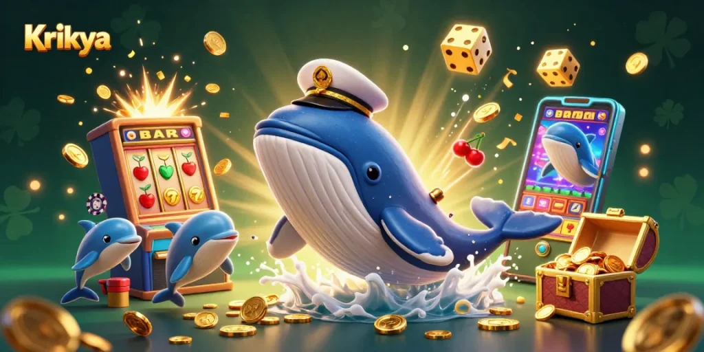 Krikya offers thrilling experiences with a casino-influenced scene of a whale, narwhal, and dolphins.