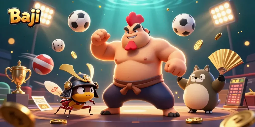 Baji players enjoy thrilling games and sports in vibrant online casino illustration.
