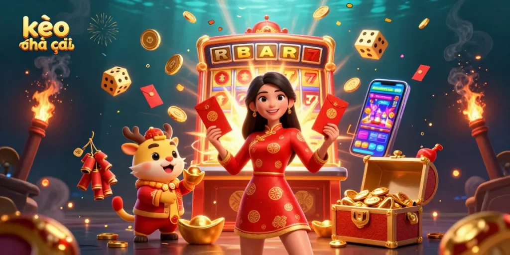 Engage with kèo nhà cái through festive visuals showcasing luck and gaming excitement.