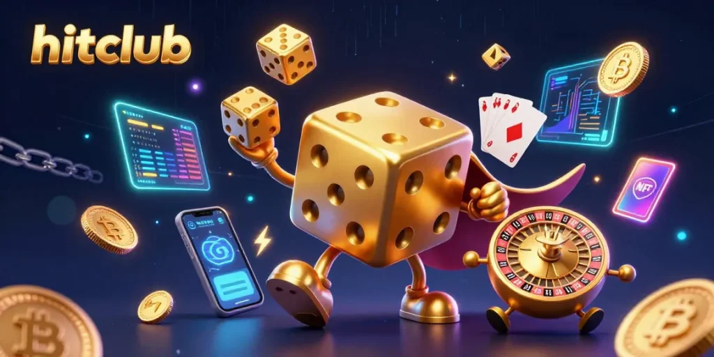 Join the hitclub excitement with a vibrant casino adventure illustrated through golden dice, crypto coins, and lively game elements.